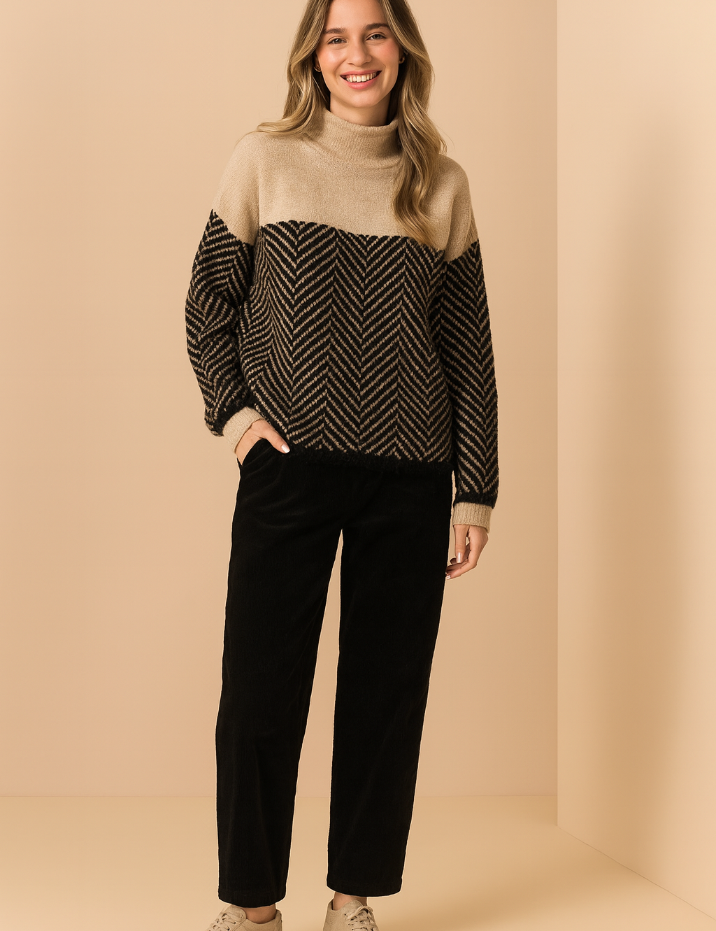 Two-tone turtleneck sweater with beige upper panel and black-and-beige herringbone patterned lower section, paired with black wide-leg trousers and beige suede loafers.