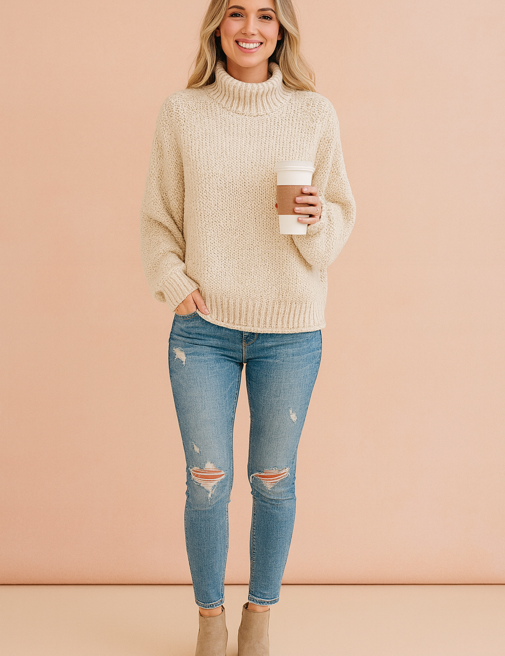 ream chunky knit turtleneck sweater with ribbed cuffs and hem, paired with distressed light blue skinny jeans and beige suede ankle boots.