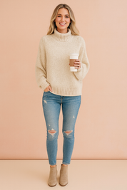 ream chunky knit turtleneck sweater with ribbed cuffs and hem, paired with distressed light blue skinny jeans and beige suede ankle boots.