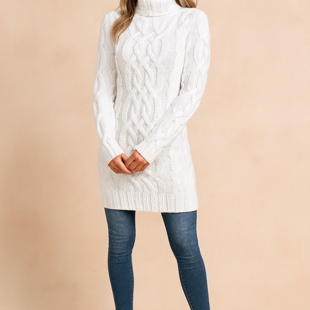 White cable-knit turtleneck sweater dress paired with slim-fit blue jeans and taupe suede ankle boots.