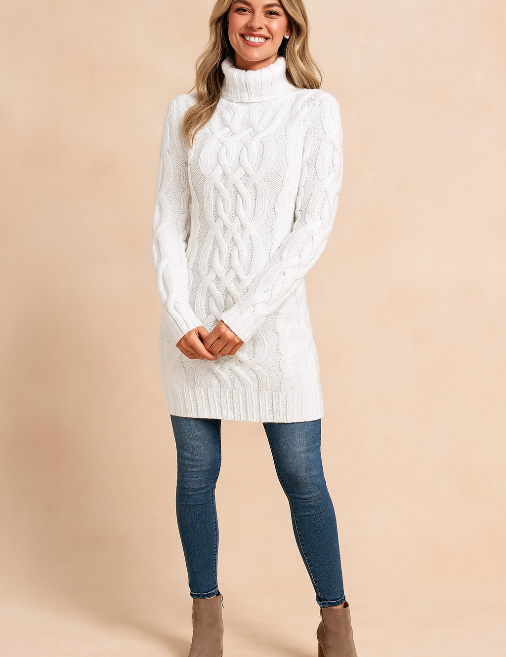 White cable-knit turtleneck sweater dress paired with slim-fit blue jeans and taupe suede ankle boots.
