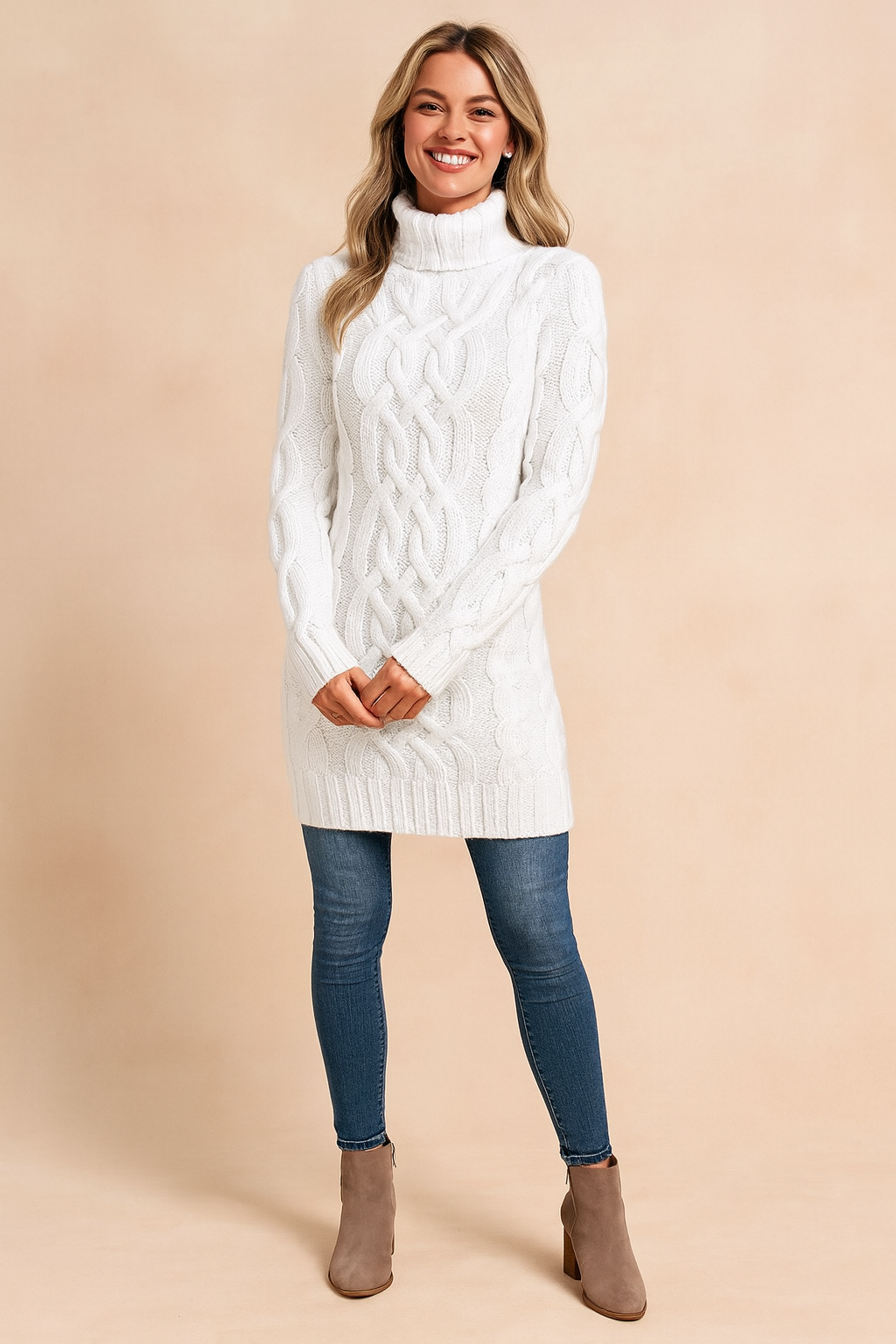 White cable-knit turtleneck sweater dress paired with slim-fit blue jeans and taupe suede ankle boots.