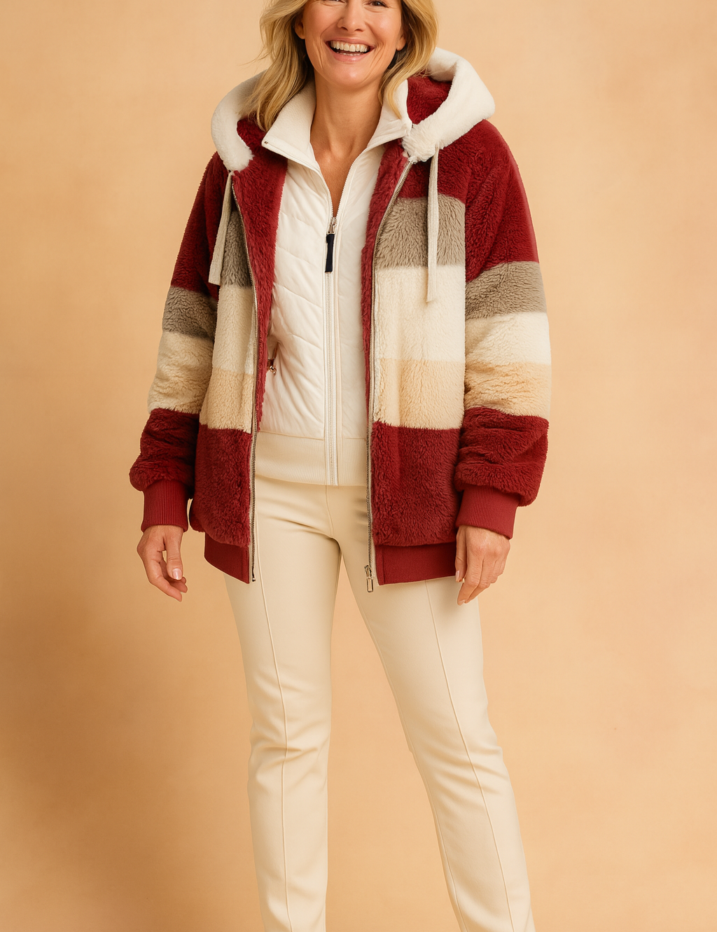 Color-blocked faux fur hooded jacket in rich burgundy, cream, beige, and gray stripes, paired with a white quilted zip-up sweater and slim cream trousers.