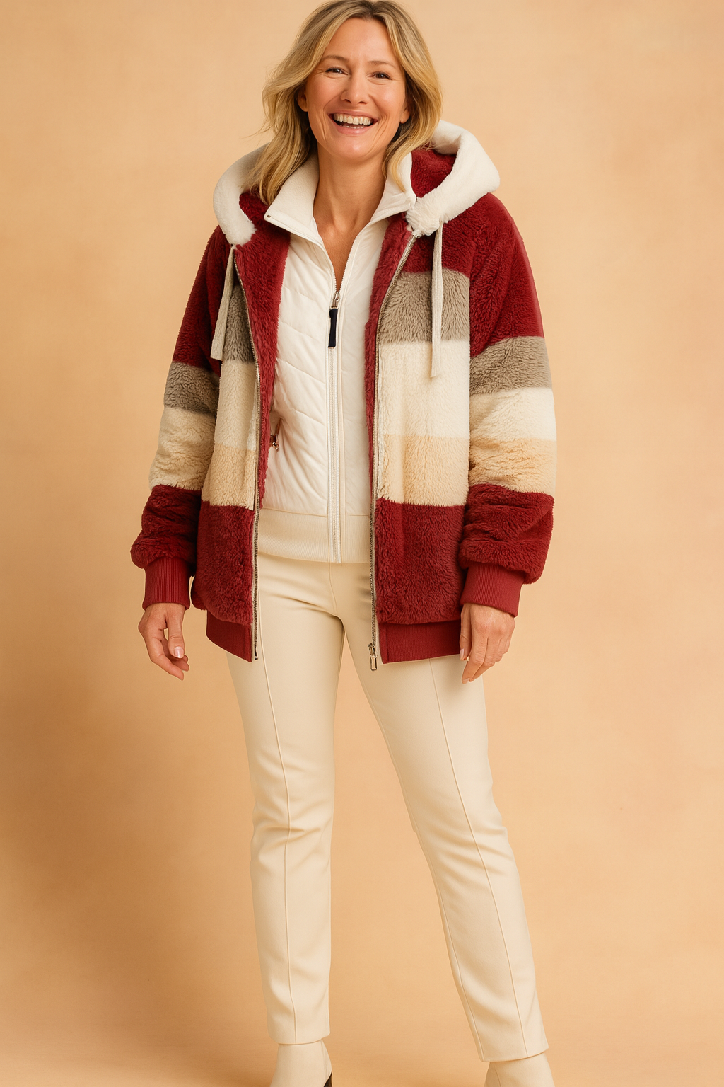 Color-blocked faux fur hooded jacket in rich burgundy, cream, beige, and gray stripes, paired with a white quilted zip-up sweater and slim cream trousers.