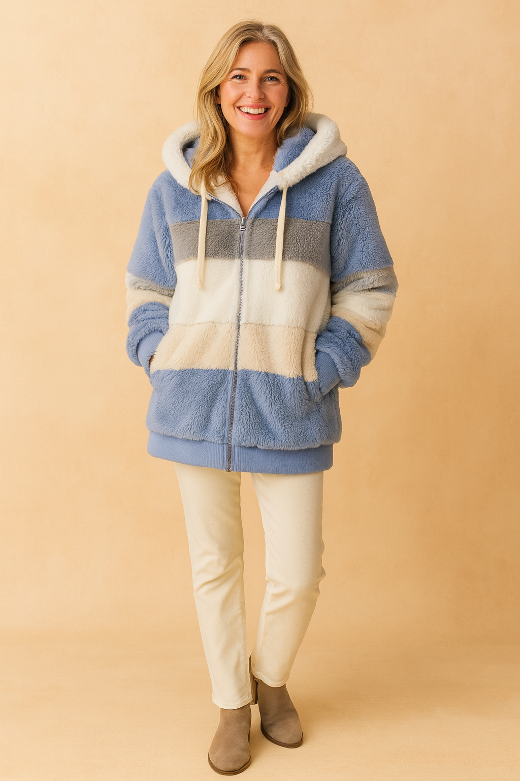 Color-block faux fur zip-up hoodie in periwinkle blue, gray, white, and cream, paired with cream slim-fit pants and taupe ankle boots.