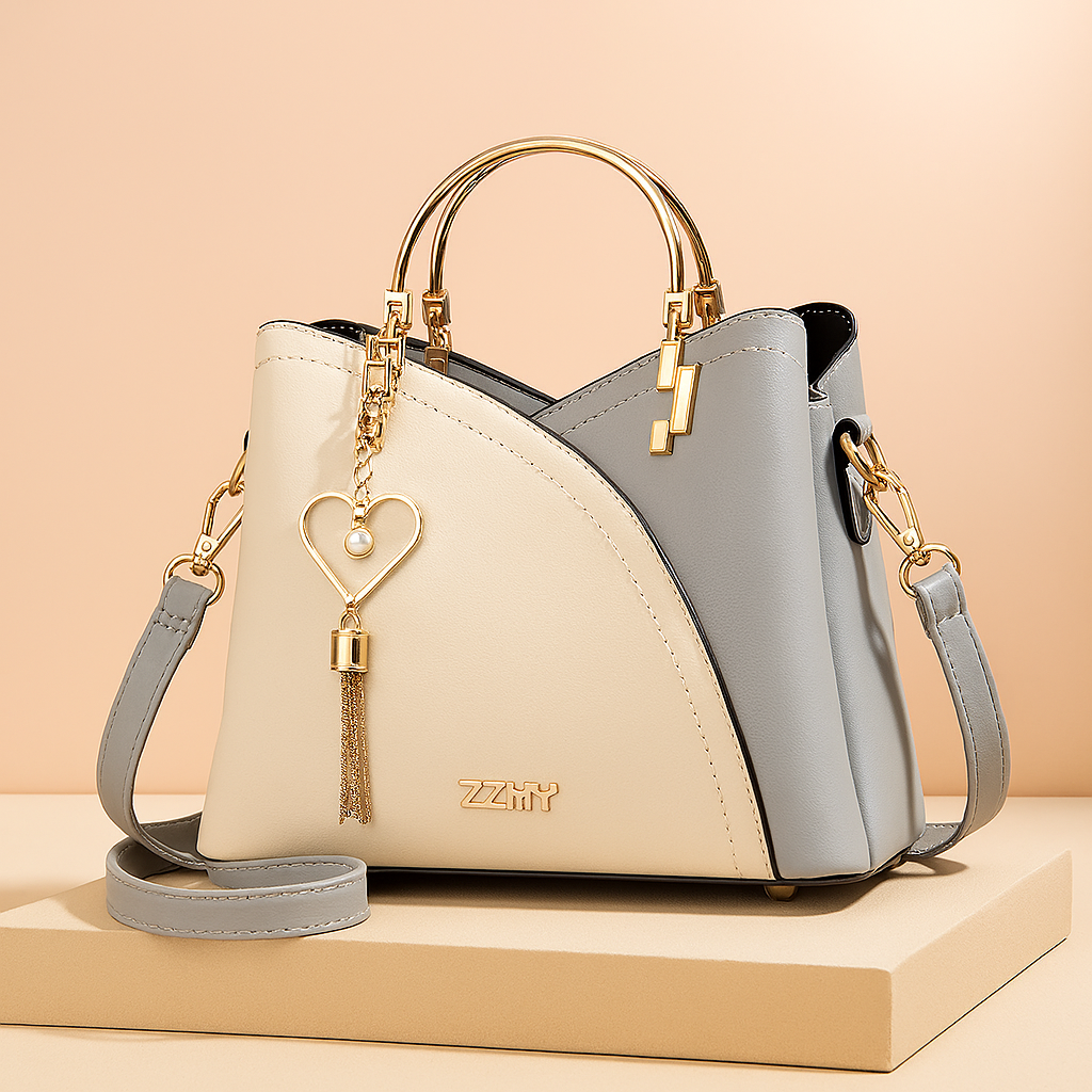 Two-tone cream and light gray leather handbag with curved panel stitching, gold hardware, heart-and-pearl tassel charm, and detachable strap, styled on a beige platform with a soft pastel gradient background.