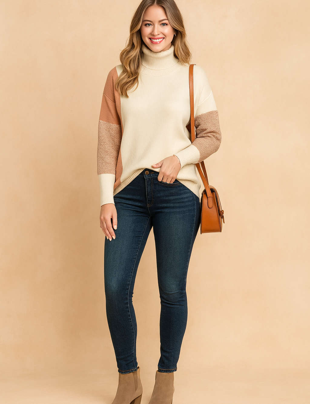 Cream and brown patchwork knit turtleneck sweater with ribbed cuffs and hem, soft texture, and casual chic design for winter and autumn wear.