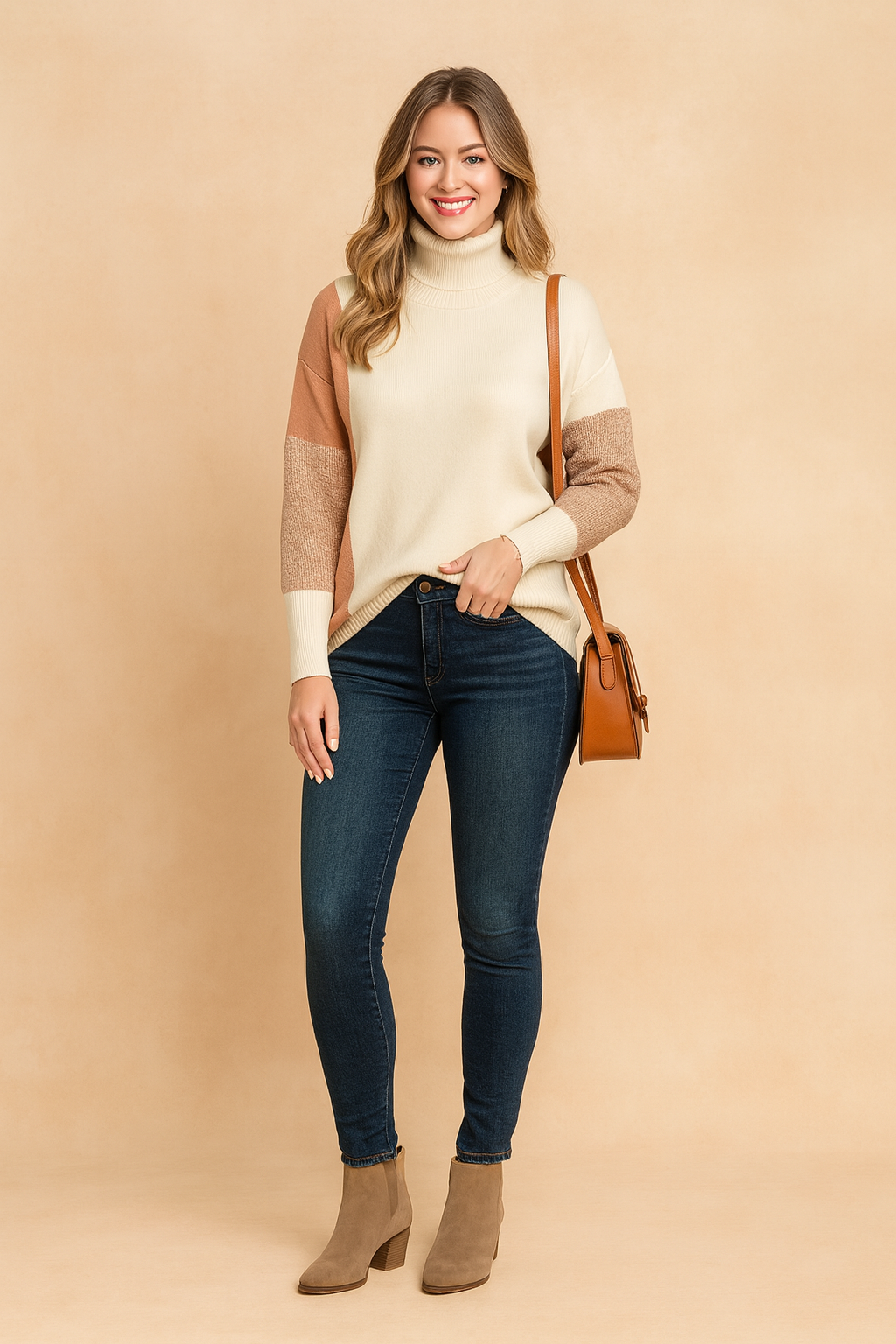 Cream and brown patchwork knit turtleneck sweater with ribbed cuffs and hem, soft texture, and casual chic design for winter and autumn wear.