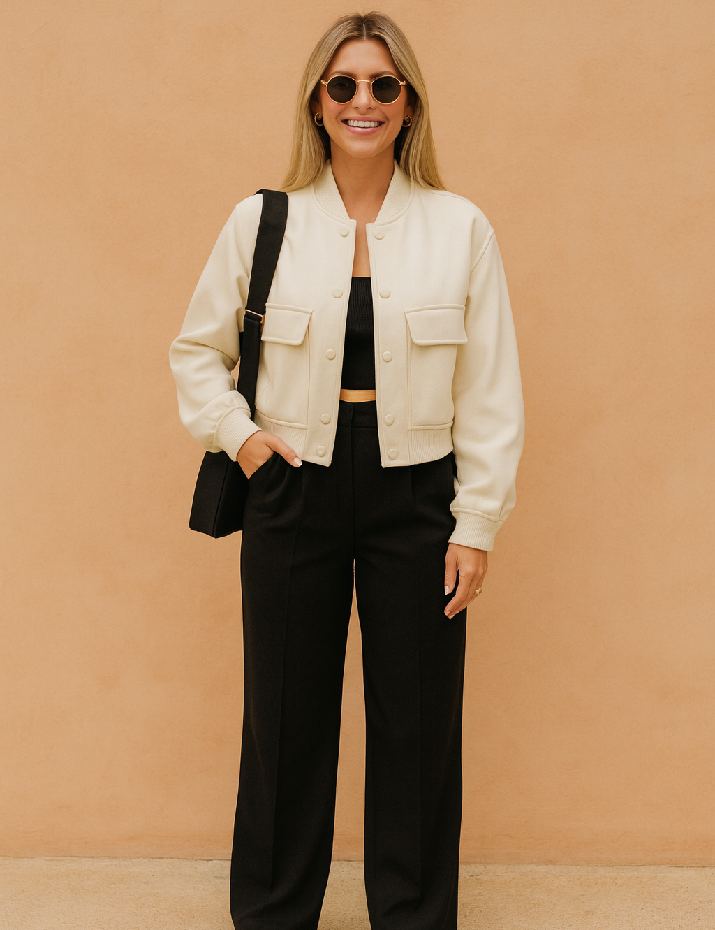 Cream cropped button-up jacket with front pockets, styled over a black top and black high-waisted trousers, paired with beige shoes and sunglasses.