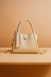 Cream textured handbag with gold hardware and a braided handle, detailed with a soft pink patterned scarf tied on the side, styled on a flat surface in warm-toned studio lighting.