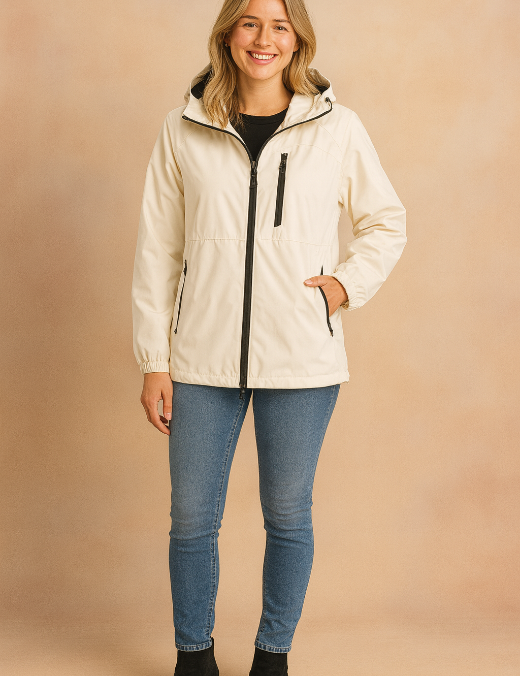 Cream hooded zip-up jacket with black zipper accents, styled with slim-fit blue jeans and black suede ankle boots.