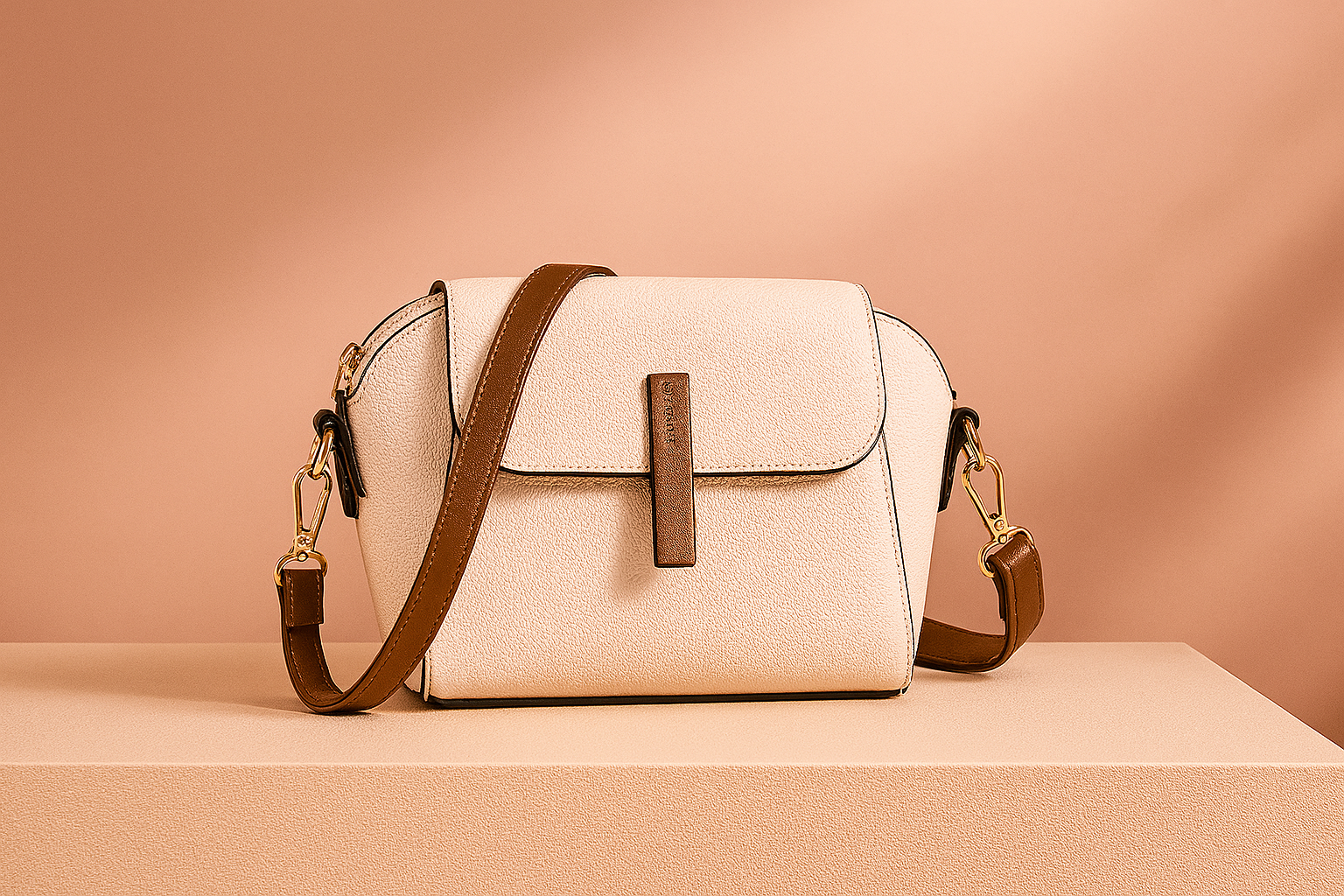 Cream pebbled leather crossbody bag with brown strap and tab closure, black trim, and gold hardware on a pastel gradient background.