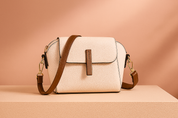 Cream pebbled leather crossbody bag with brown strap and tab closure, black trim, and gold hardware on a pastel gradient background.