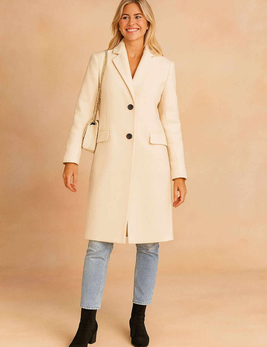Elegant cream long coat with two-button front closure, tailored fit, and flap pockets, styled with light blue jeans and black ankle boots.