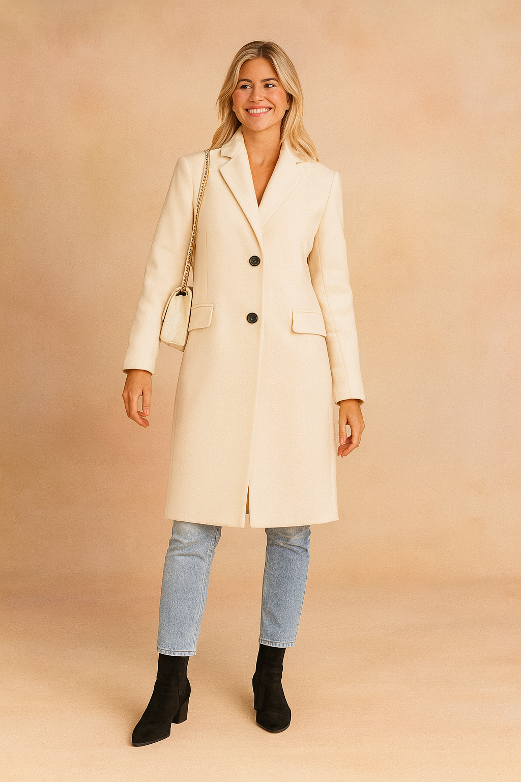 Elegant cream long coat with two-button front closure, tailored fit, and flap pockets, styled with light blue jeans and black ankle boots.