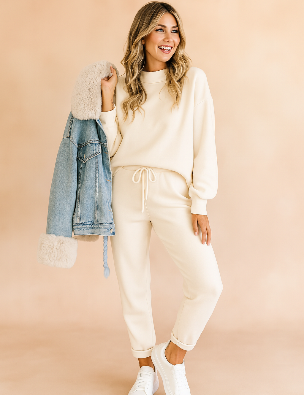 Cream lounge co-ord set featuring a relaxed-fit sweatshirt and drawstring joggers, styled with a fur-trimmed denim jacket and white sneakers for a cozy, casual look.