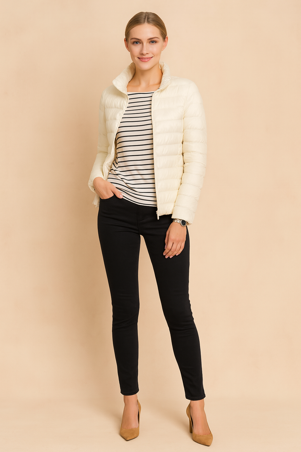 Cream puffer jacket with horizontal quilted design, styled over a black and white striped top and slim black jeans.