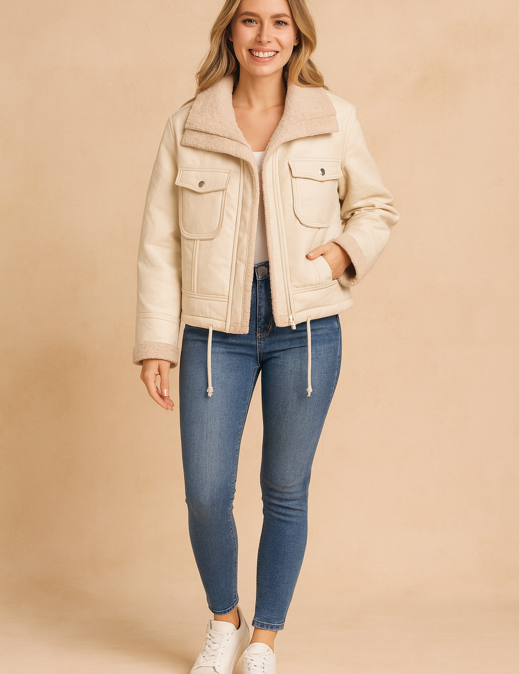Cream faux leather shearling jacket for women featuring soft inner lining, flap front pockets, and zip closure — designed for warmth, style, and modern elegance.