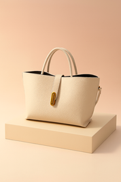 Cream textured leather tote handbag with gold hardware, central strap, and double handles on a soft gradient background.