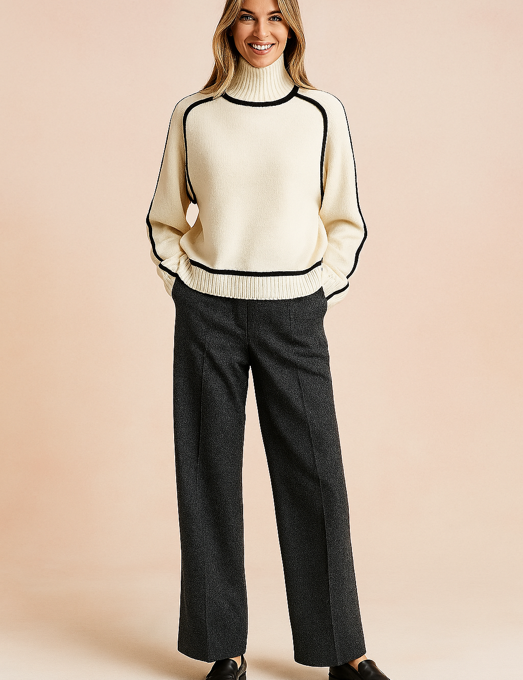 Cream turtleneck sweater with black piping details, paired with wide-leg charcoal trousers and black leather loafers.