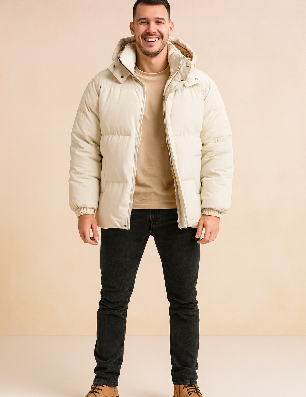 Men’s cream-white puffer jacket with beige lining, hooded winter coat, insulated design with full front zipper, elastic cuffs, and warm quilted padding for ultimate cold-weather protection.