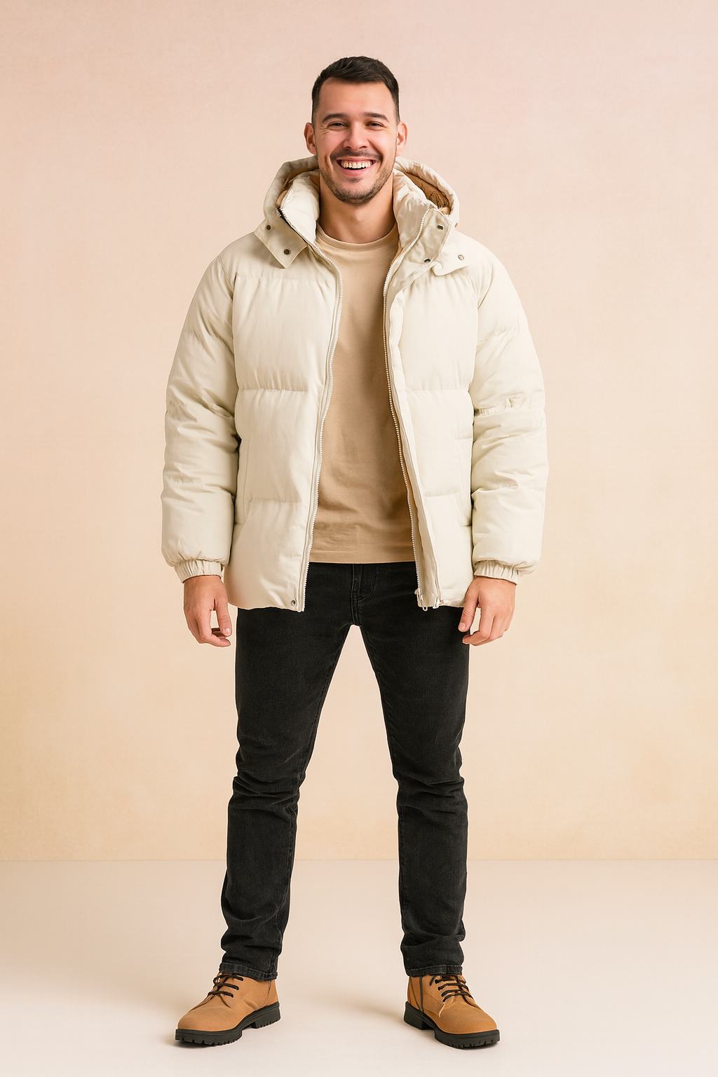 Men’s cream-white puffer jacket with beige lining, hooded winter coat, insulated design with full front zipper, elastic cuffs, and warm quilted padding for ultimate cold-weather protection.