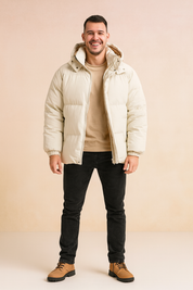 Men’s cream-white puffer jacket with beige lining, hooded winter coat, insulated design with full front zipper, elastic cuffs, and warm quilted padding for ultimate cold-weather protection.