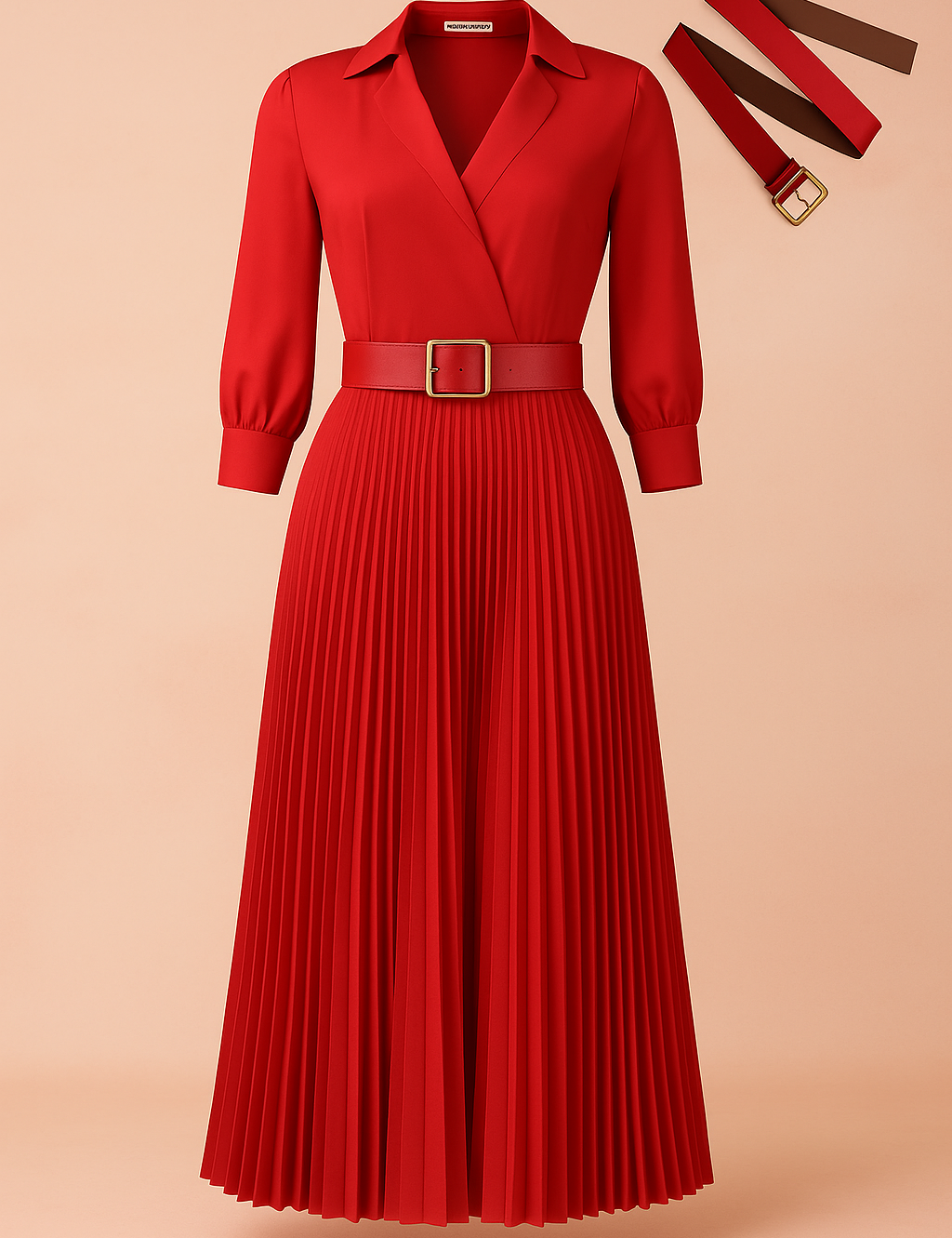 Elegancka czerwona plisowana sukienka midi z kopertowym dekoltem, eleganckim kołnierzem, długimi rękawami i pasującym paskiem — wyrafinowana moda damska na oficjalne i wieczorowe okazje.