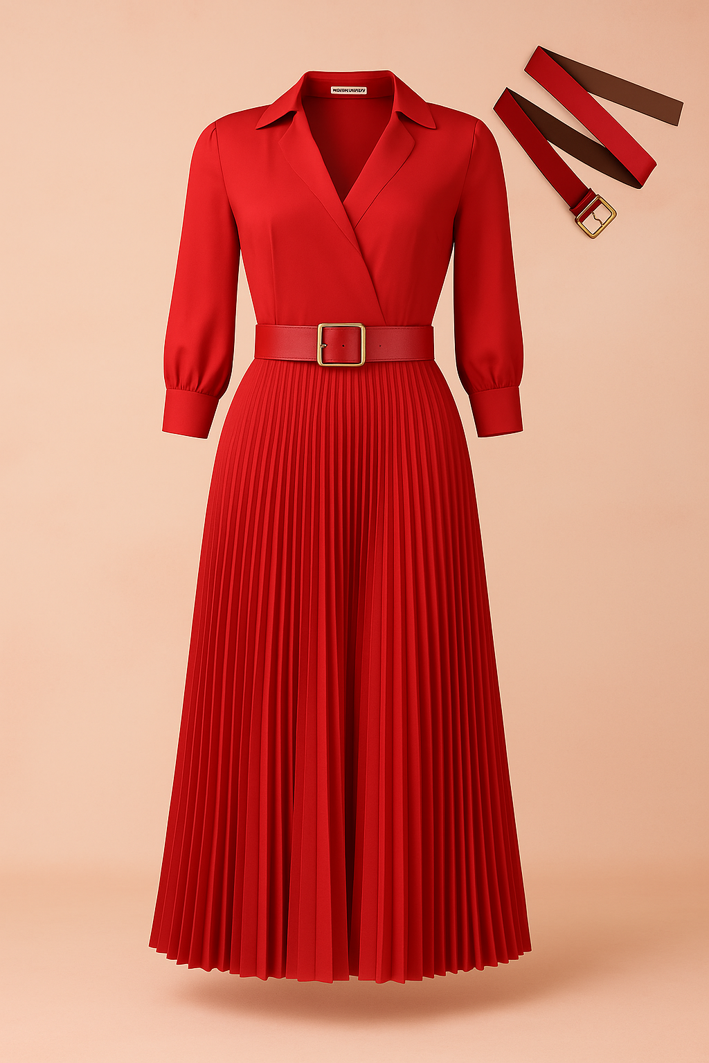Elegancka czerwona plisowana sukienka midi z kopertowym dekoltem, eleganckim kołnierzem, długimi rękawami i pasującym paskiem — wyrafinowana moda damska na oficjalne i wieczorowe okazje.