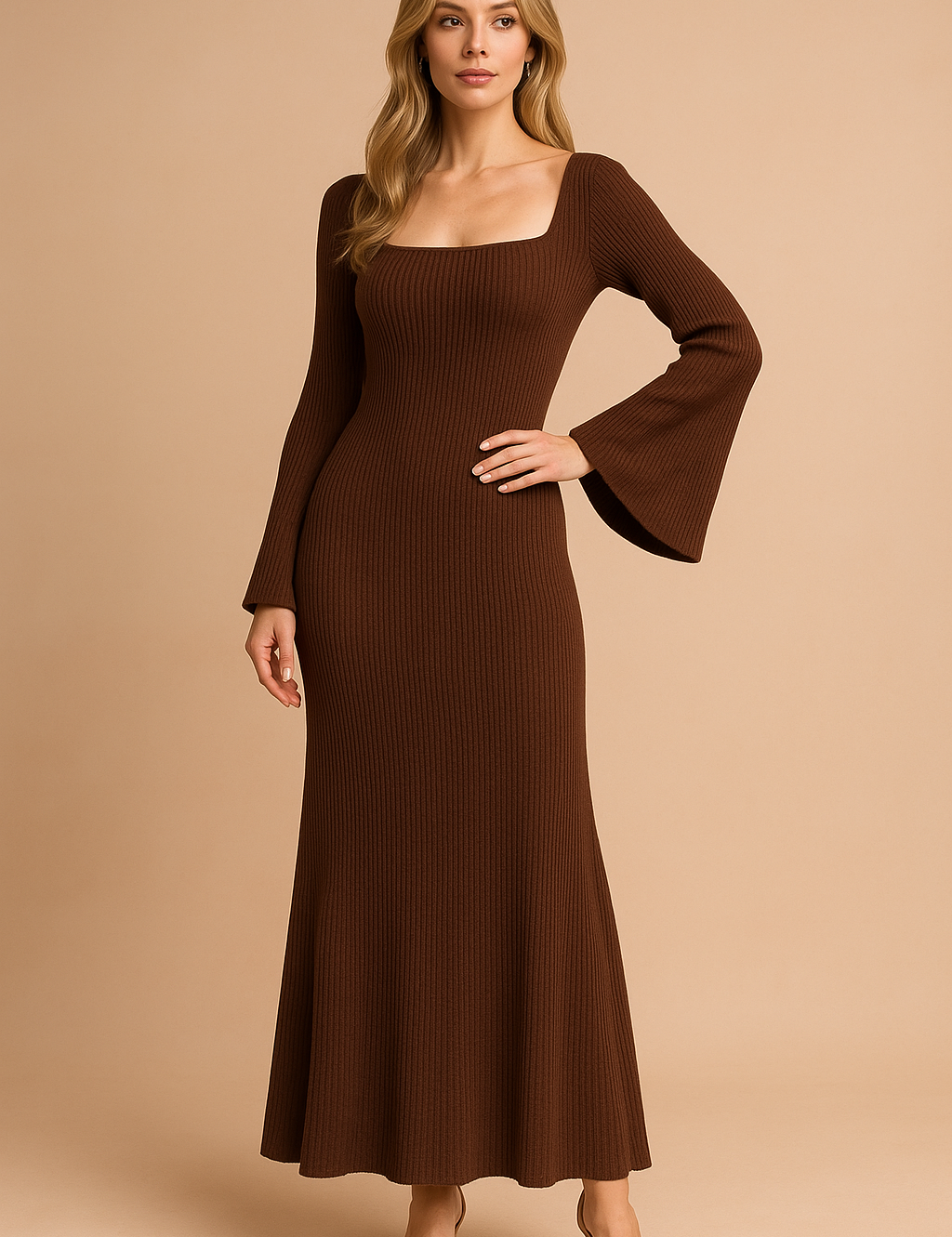 Damska brązowa prążkowana dzianinowa sukienka maxi z rozkloszowanymi rękawami i kwadratowym dekoltem, dopasowany fason do kostek, elegancka moda jesienno-zimowa.