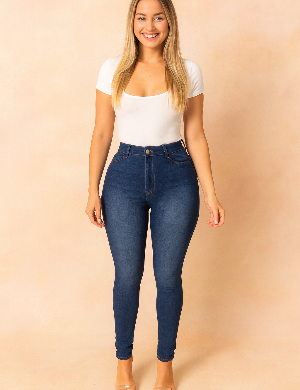 High-waisted skinny jeggings for women in dark blue denim with front button and zip closure, designed for a flattering slim fit and modern everyday wear.