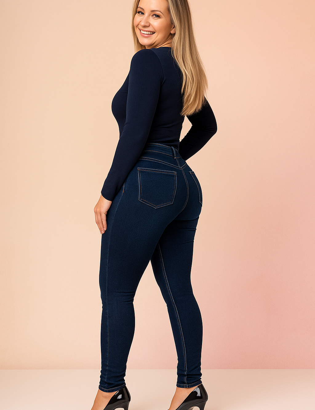 Dark blue skinny jeans with precise stitching, back pocket detail, and a fitted cut paired with black high heels.