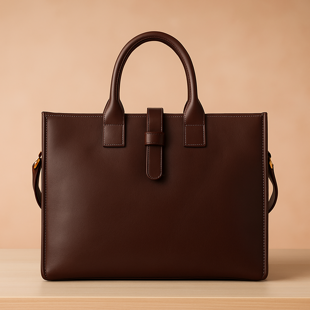 Luxurious dark brown leather tote bag with smooth finish, white contrast stitching, and rounded top handles, positioned on a light wooden platform with a softly lit pastel sand gradient background.