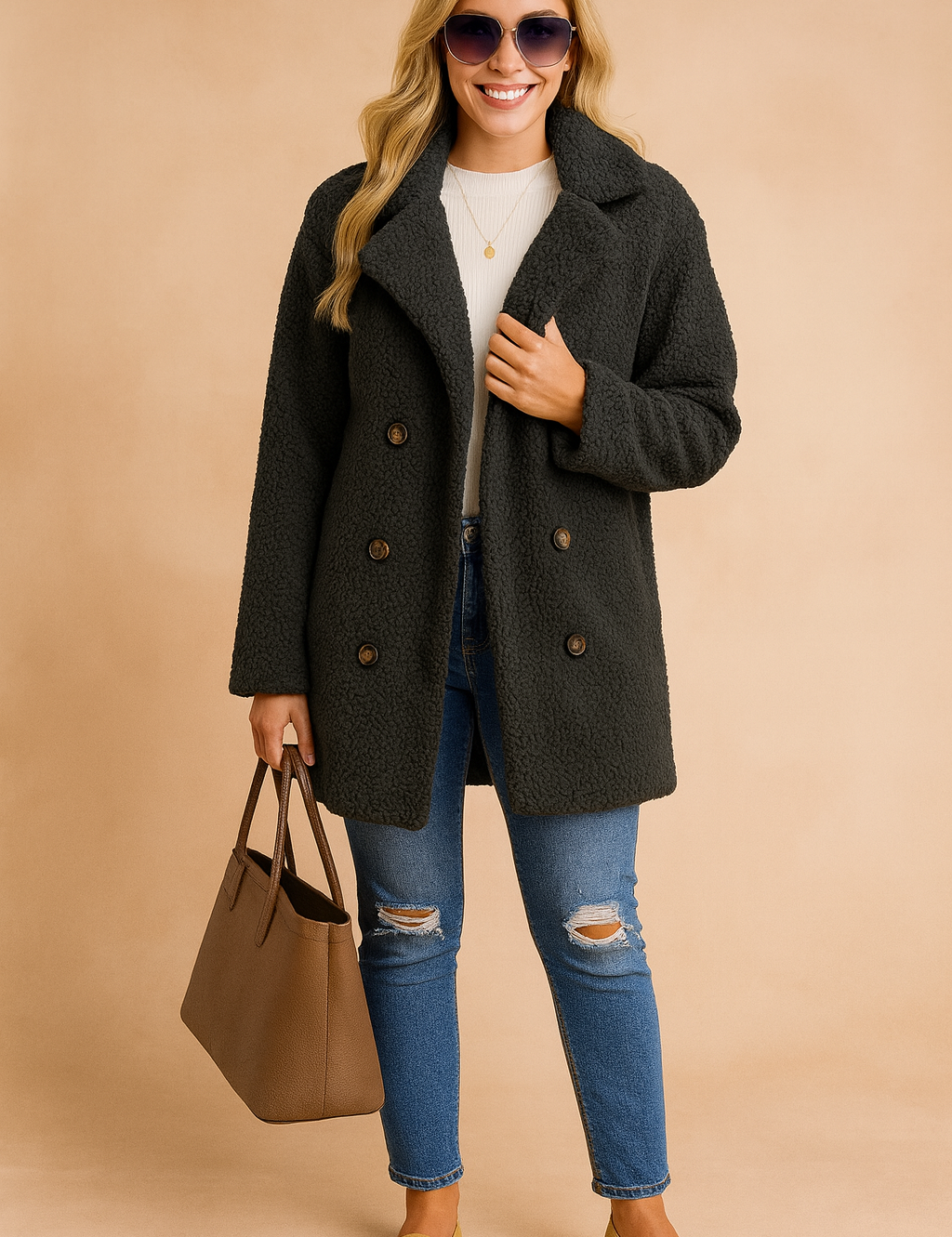 Dark charcoal grey sherpa coat with double-breasted buttons, paired with a white knit sweater, ripped blue jeans, tan loafers, and a taupe handbag. The outfit showcases a cozy yet stylish winter look with textured outerwear.