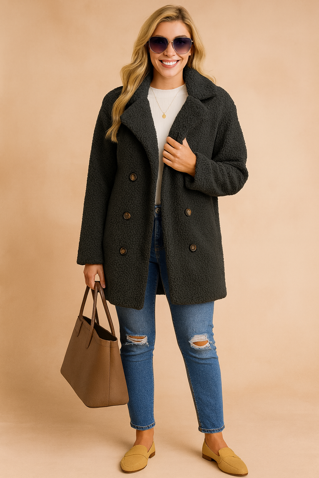 Dark charcoal grey sherpa coat with double-breasted buttons, paired with a white knit sweater, ripped blue jeans, tan loafers, and a taupe handbag. The outfit showcases a cozy yet stylish winter look with textured outerwear.