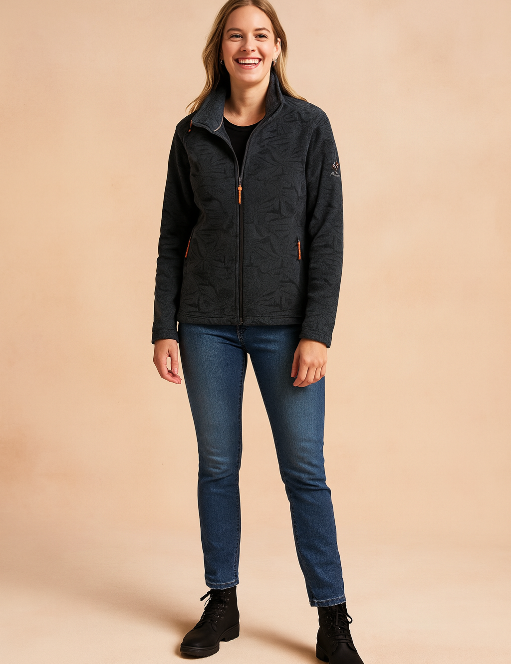 Dark Gray fleece jacket with embossed leaf pattern, full zip closure, and side zip pockets.