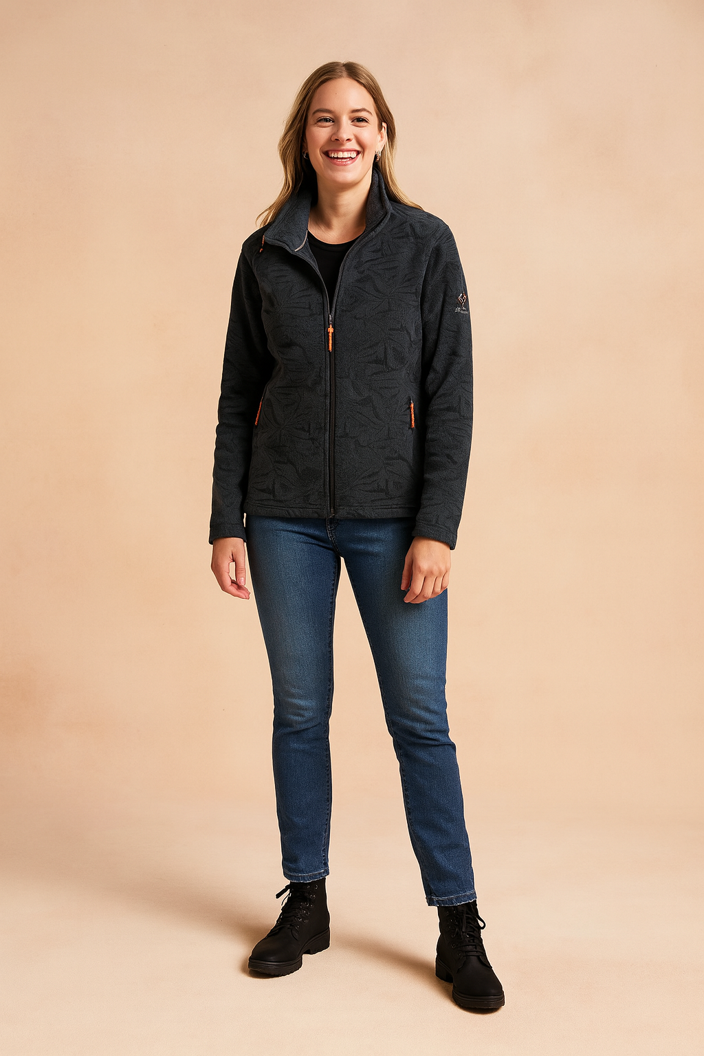 Dark Gray fleece jacket with embossed leaf pattern, full zip closure, and side zip pockets.