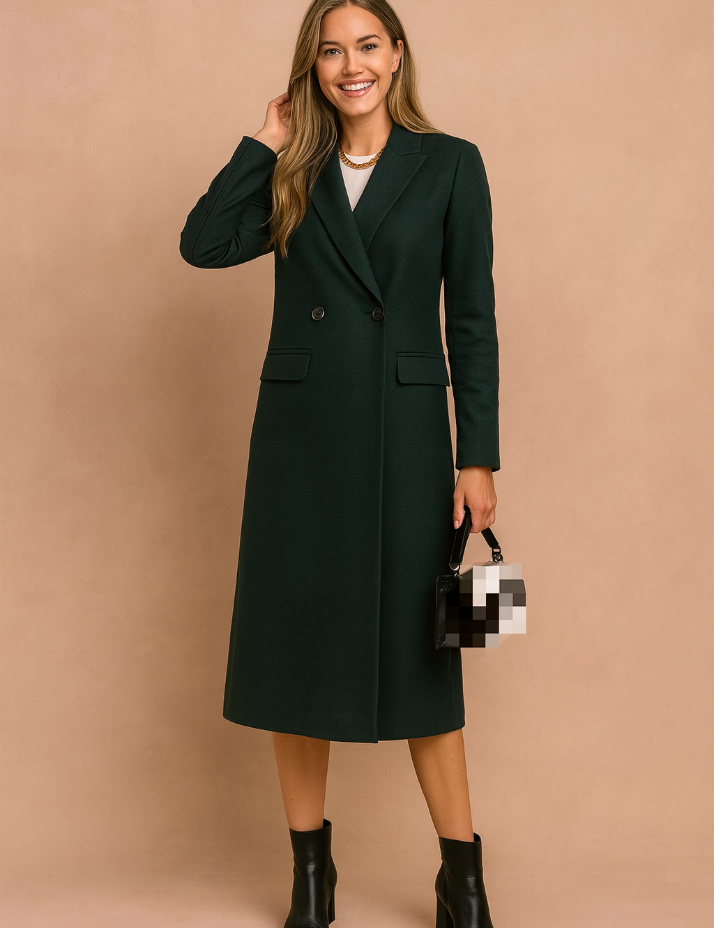 Elegant long dark green wool coat with double-breasted button closure, notched lapel collar, flap pockets, and a sleek tailored silhouette, paired with black ankle boots and a structured handbag.