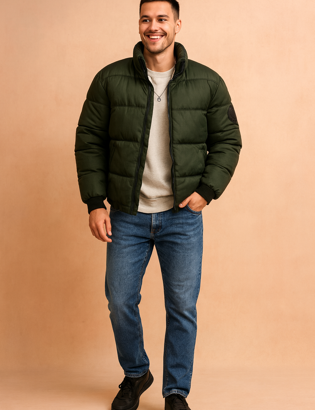 Dark green puffer jacket with a zip-up front, horizontal quilted stitching, and elastic cuffs designed for warmth and casual winter style.