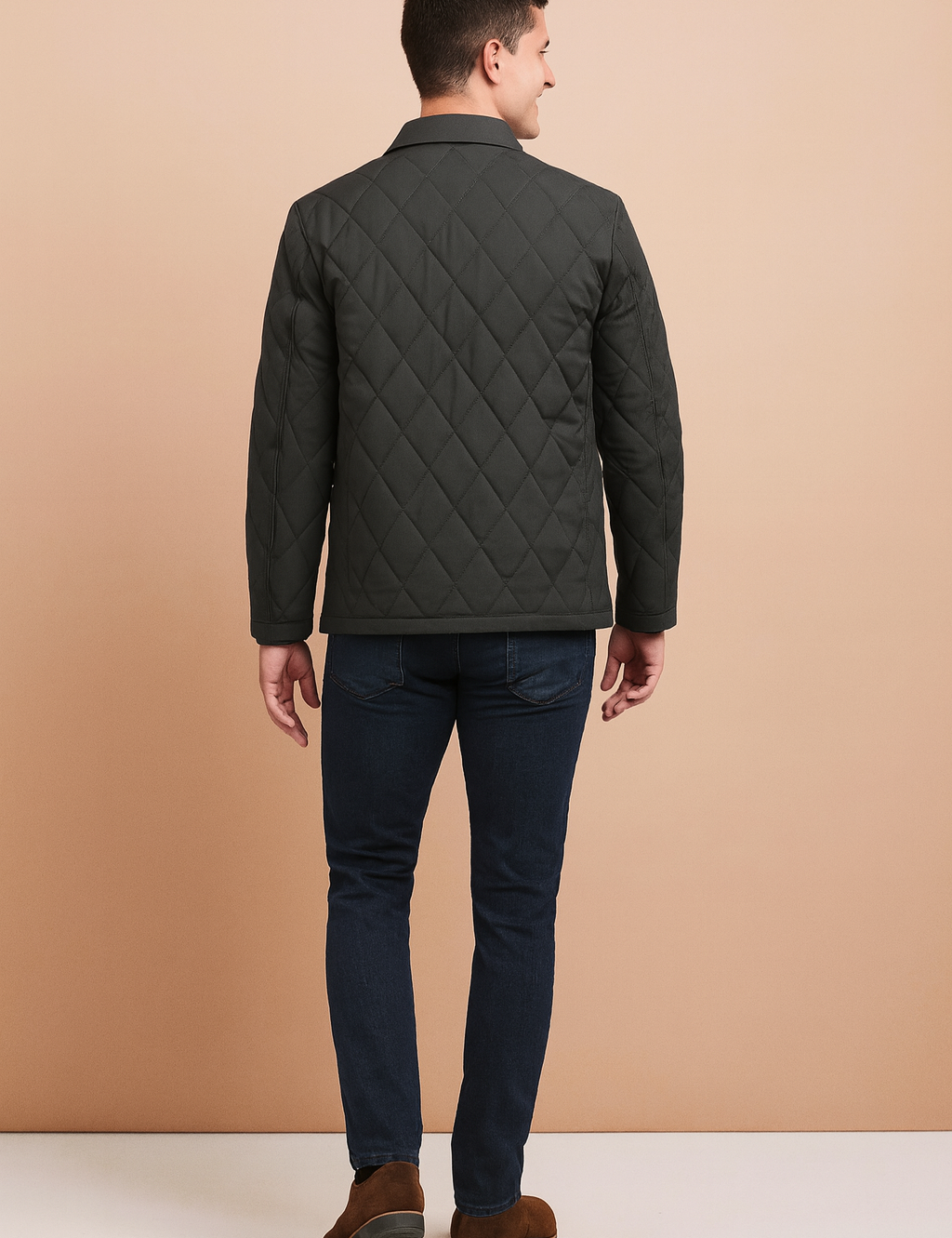 Back view of a dark grey diamond-quilted jacket with shirt collar and clean stitching, styled in a modern slim casual fit.