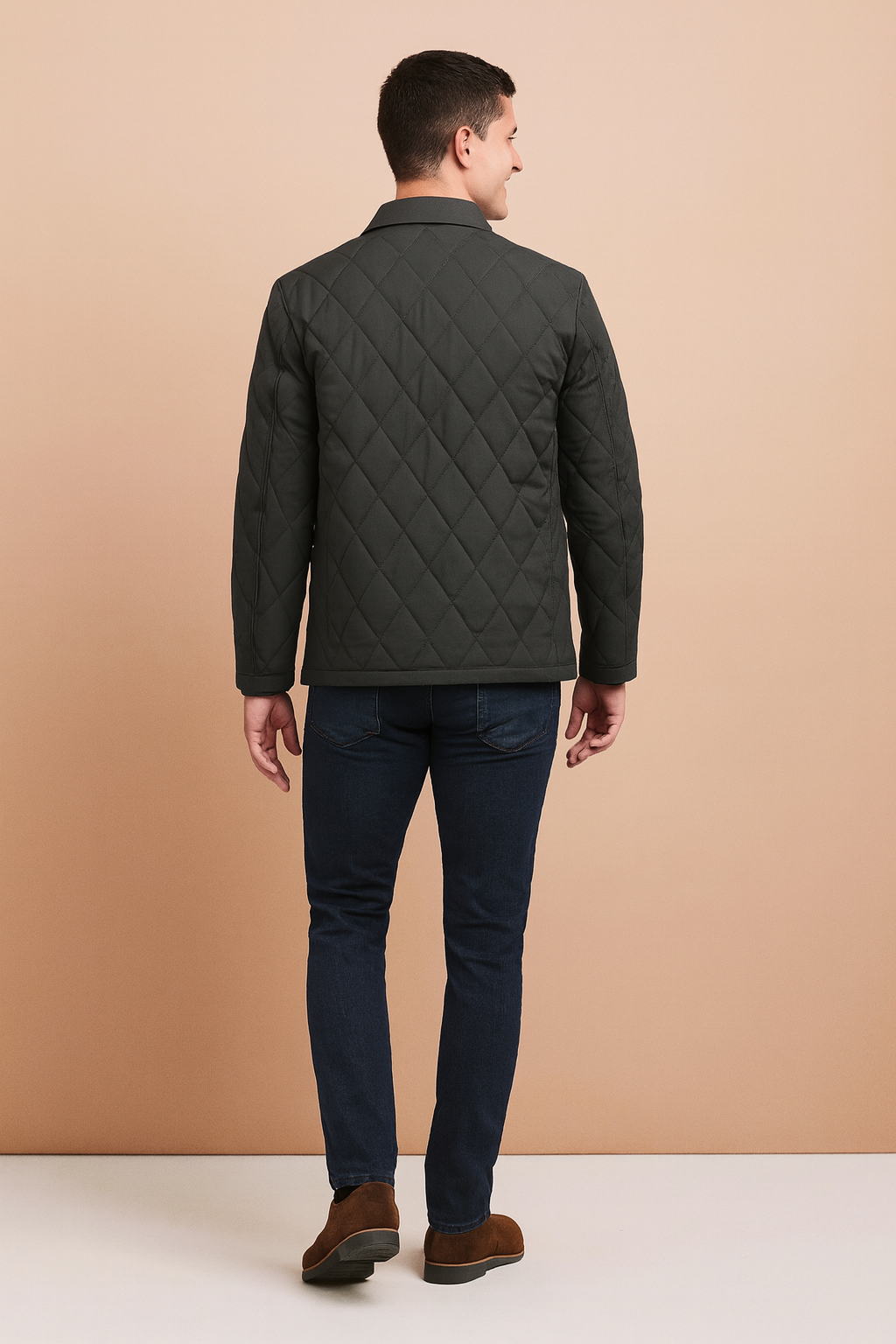 Back view of a dark grey diamond-quilted jacket with shirt collar and clean stitching, styled in a modern slim casual fit.