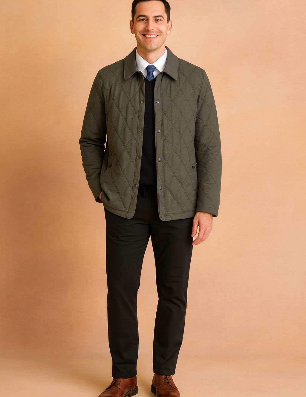 Dark grey diamond-quilted jacket with button closure, shirt collar, and side pockets, styled in a smart casual look.