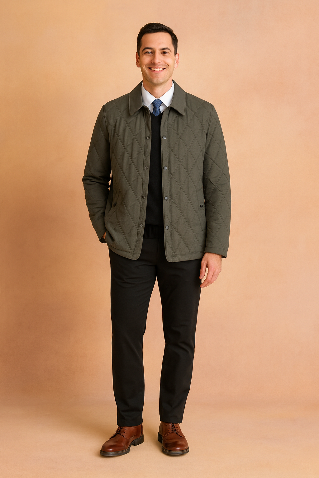 Dark grey diamond-quilted jacket with button closure, shirt collar, and side pockets, styled in a smart casual look.