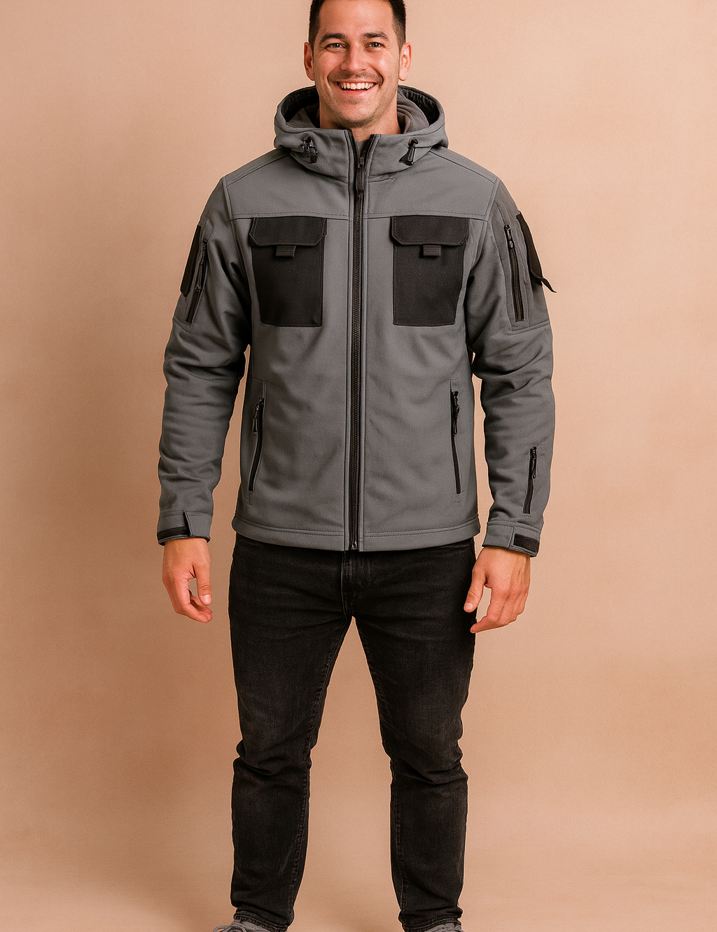 Dark grey tactical softshell jacket with black chest pockets, multiple zippers, and adjustable hood, styled with black jeans and grey sneakers.