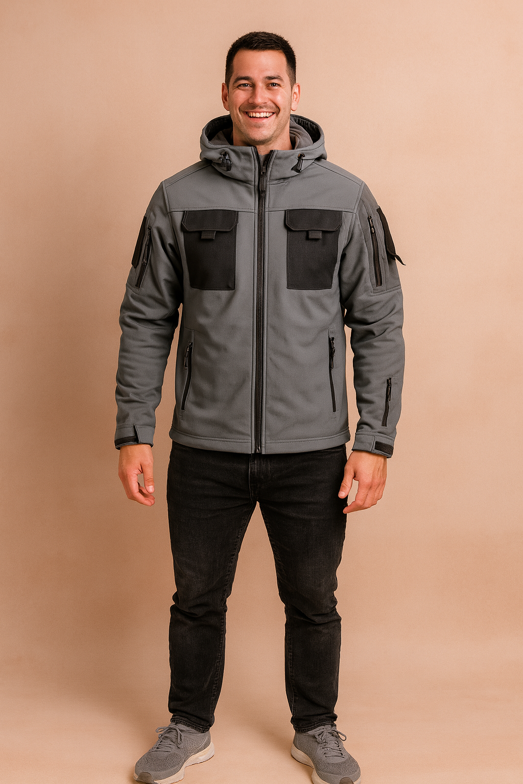 Dark grey tactical softshell jacket with black chest pockets, multiple zippers, and adjustable hood, styled with black jeans and grey sneakers.