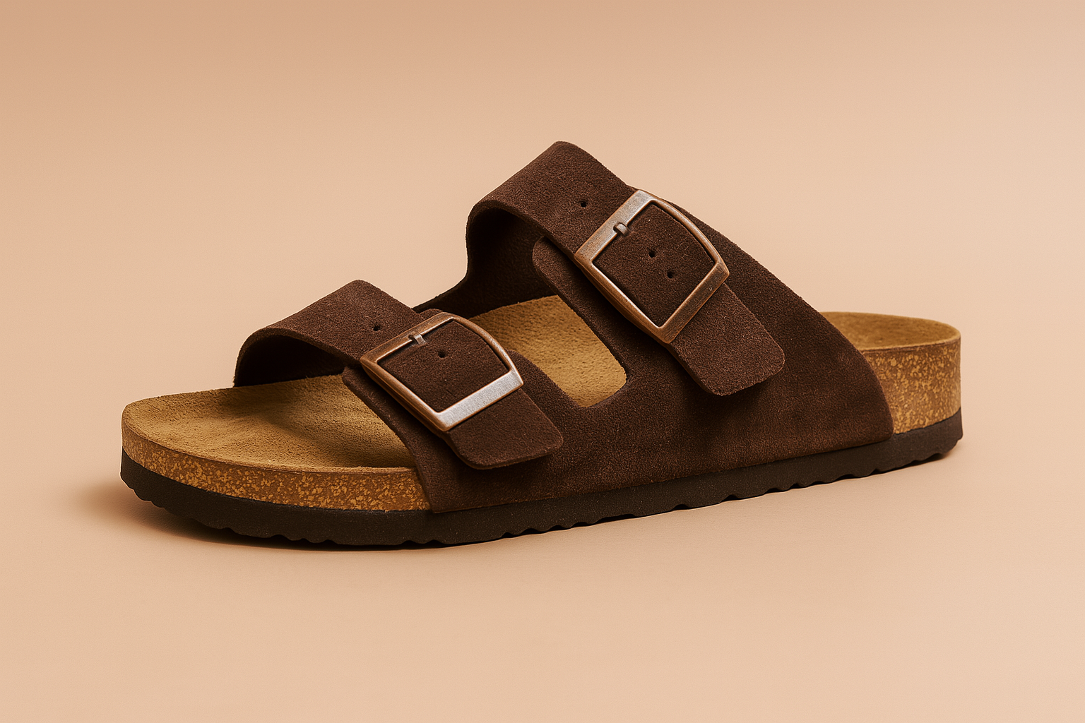  suede slip-on sandal featuring a contoured cork footbed and two wide straps with oversized brown buckles for adjustable comfort.