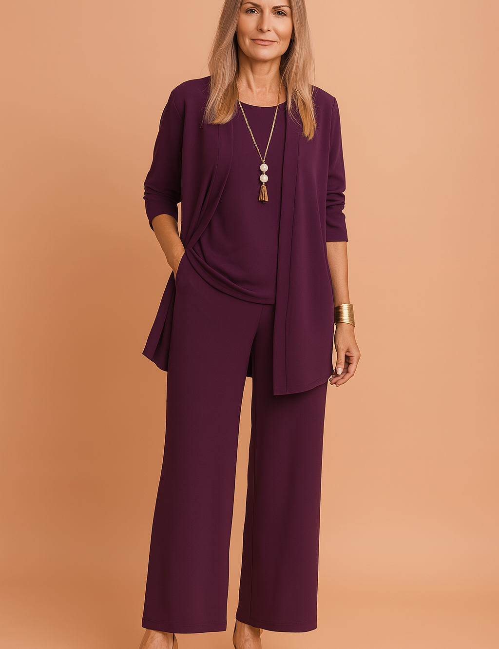 Elegant three-piece deep purple pantsuit featuring a loose-fit blazer, sleeveless scoop-neck top, and wide-leg trousers crafted from a smooth, draping fabric with a clean, buttonless design.