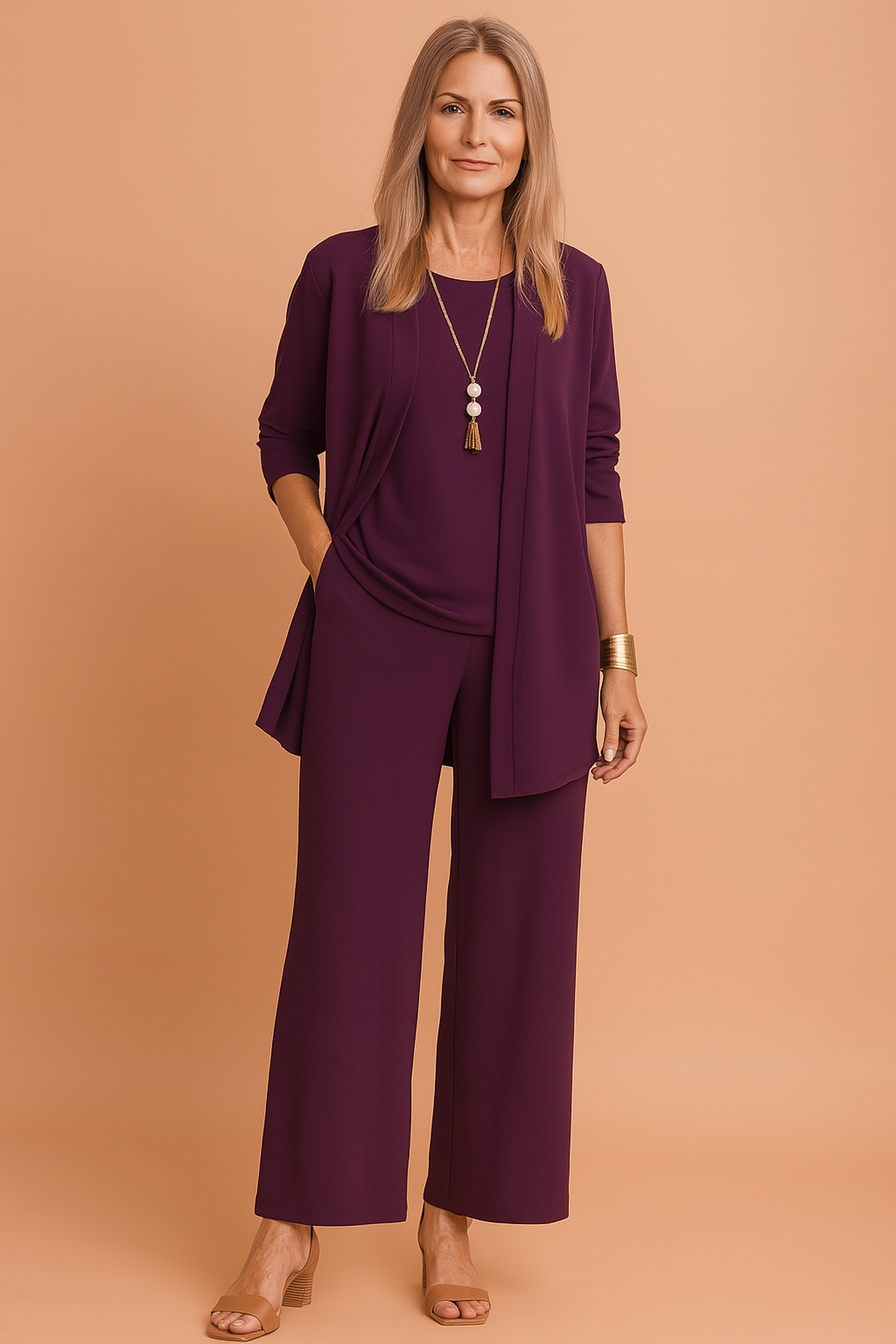 Elegant three-piece deep purple pantsuit featuring a loose-fit blazer, sleeveless scoop-neck top, and wide-leg trousers crafted from a smooth, draping fabric with a clean, buttonless design.