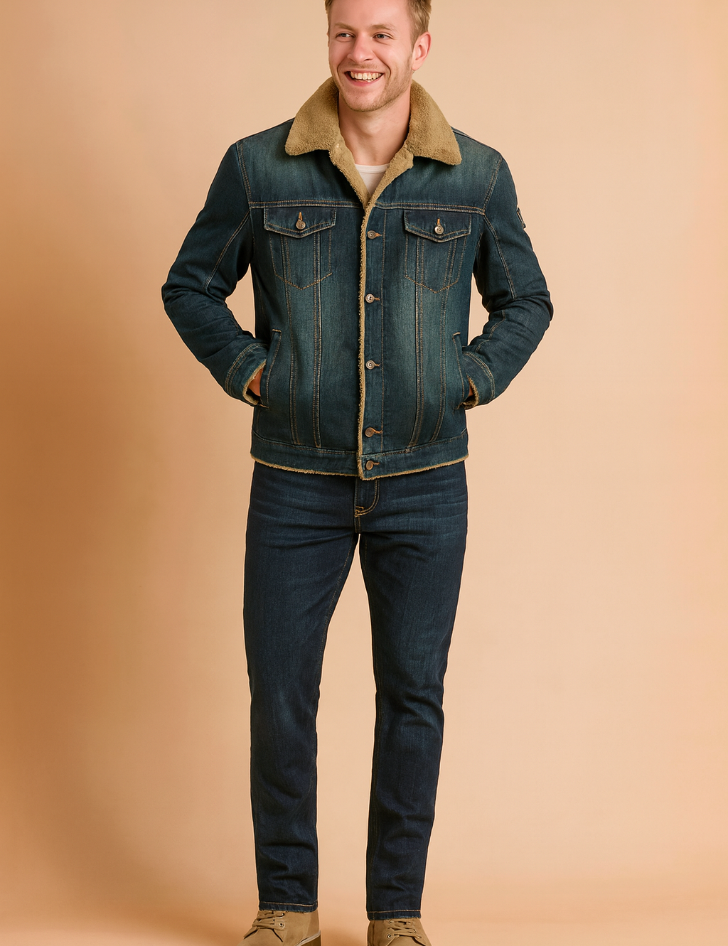 Classic denim jacket with tan shearling lining, button-up front, flap chest pockets, and structured stitching, paired with dark wash jeans and beige suede boots.