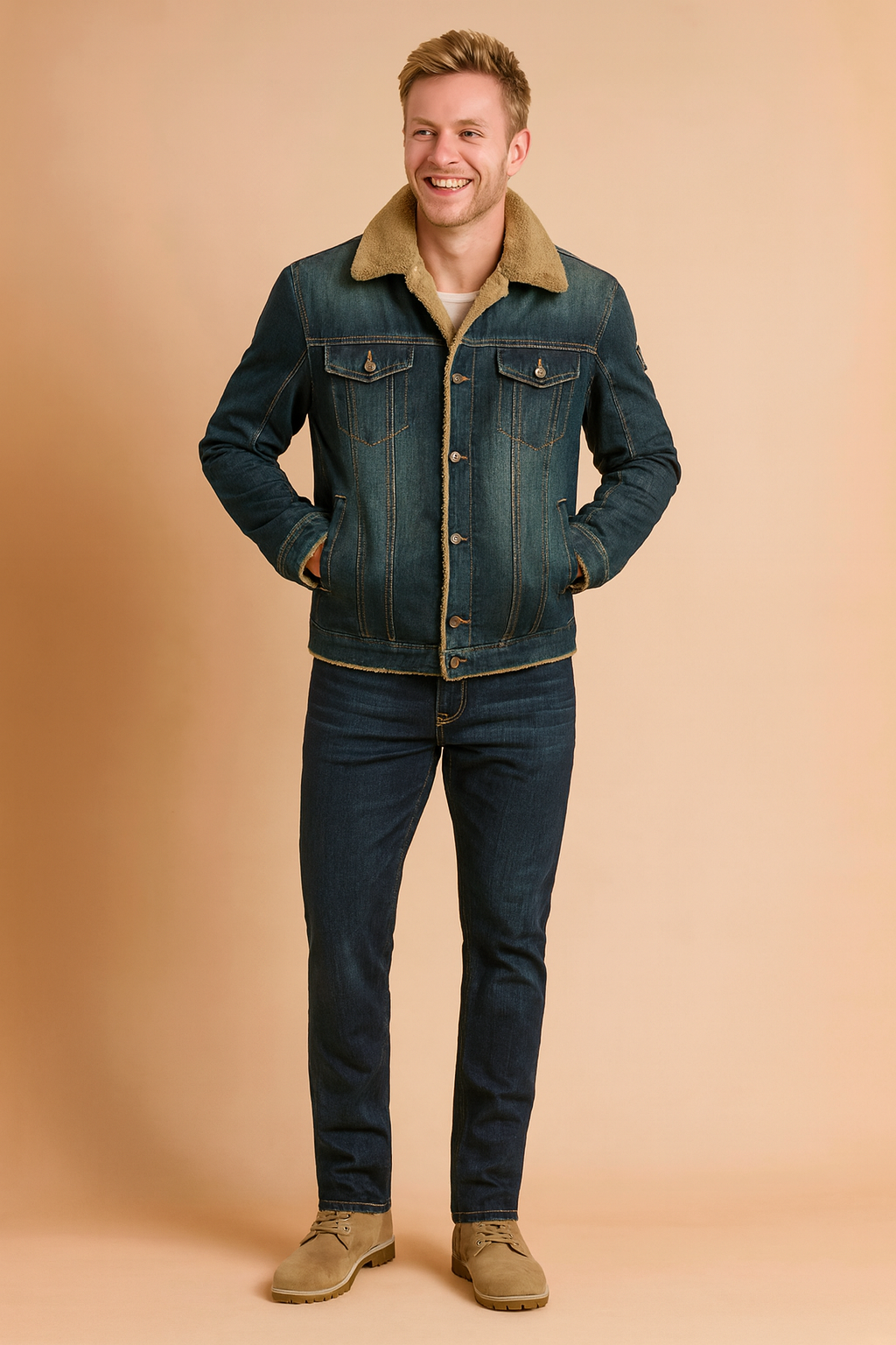 Classic denim jacket with tan shearling lining, button-up front, flap chest pockets, and structured stitching, paired with dark wash jeans and beige suede boots.